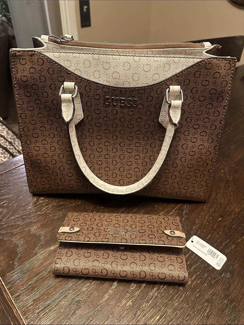 GUESS Brown Monogram Tote with Light Tan Trim and Matching Wallet